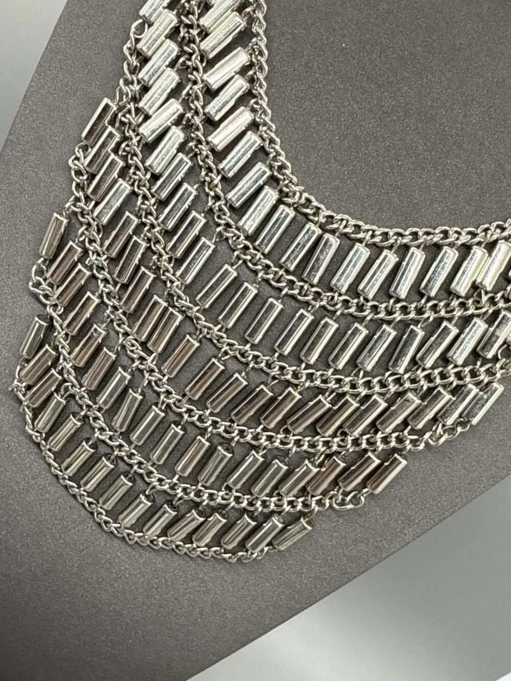 Silver Tone Multi-strand Tube Bar Statement Bib Necklace Layered Y2K Goth